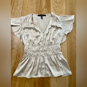 White House Black Market Silky Ivory Flutter Sleeve Top Pintuck Waist